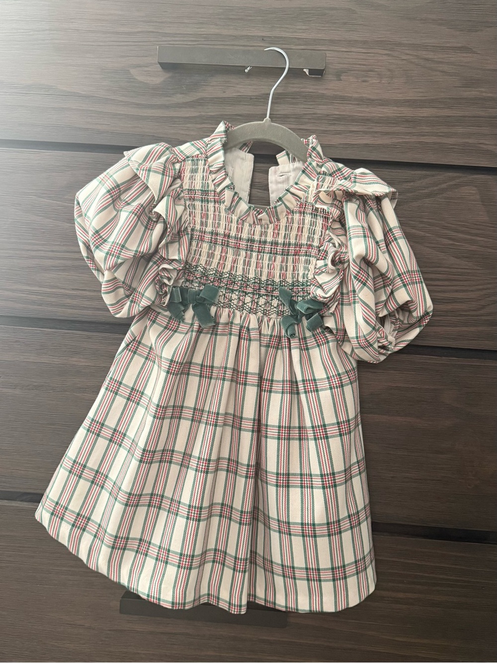 Girls' Green & Cream Plaid Smocked Dress